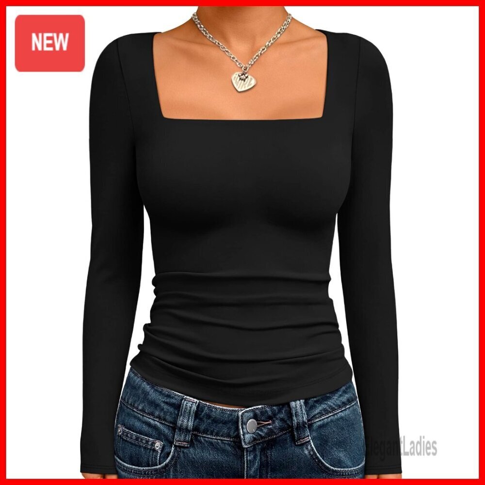 Cropped Long Sleeve Square Neck Top Slim Fit Stretchy Y2K Workout